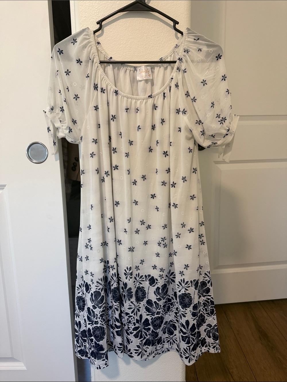 White & Navy Floral Border Peasant Dress
